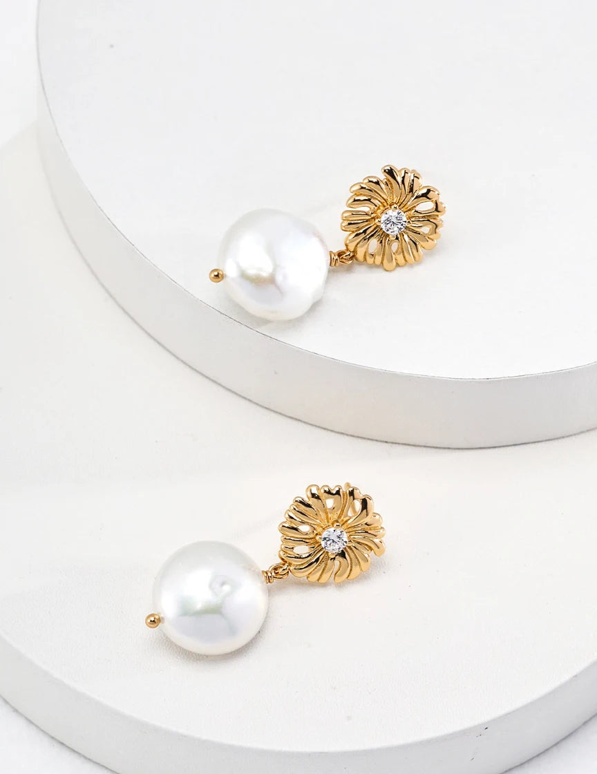 Vintage Gold Flower Pearl Drop Earrings