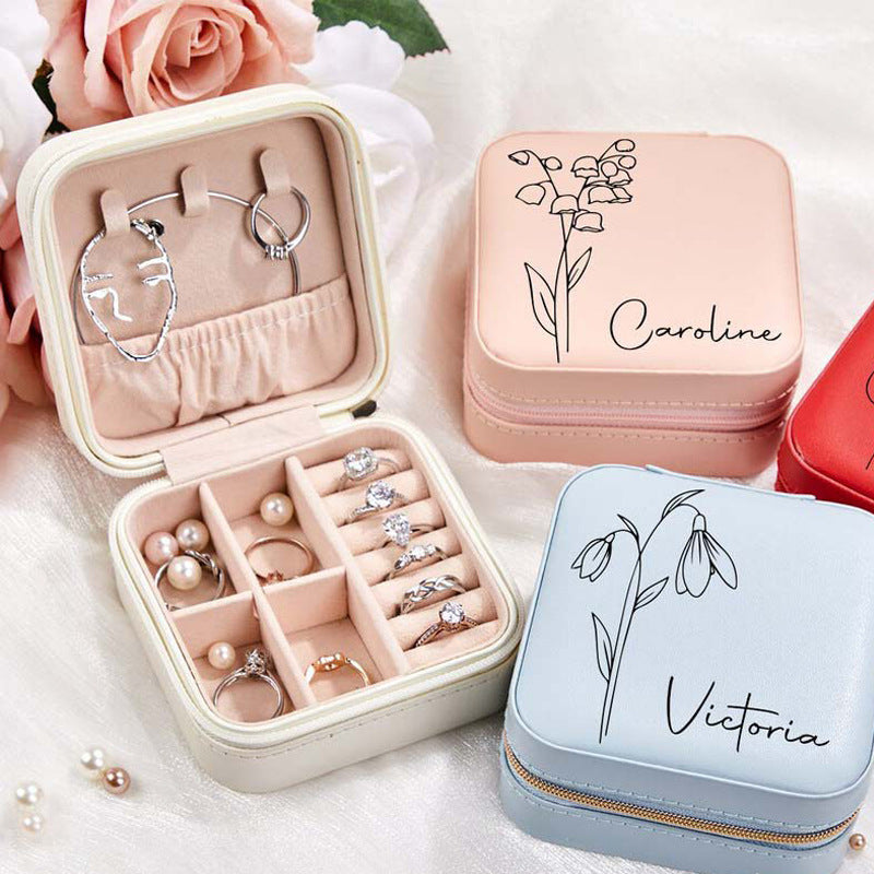 Personalized Travel Jewelry Box with Birth Flower Month