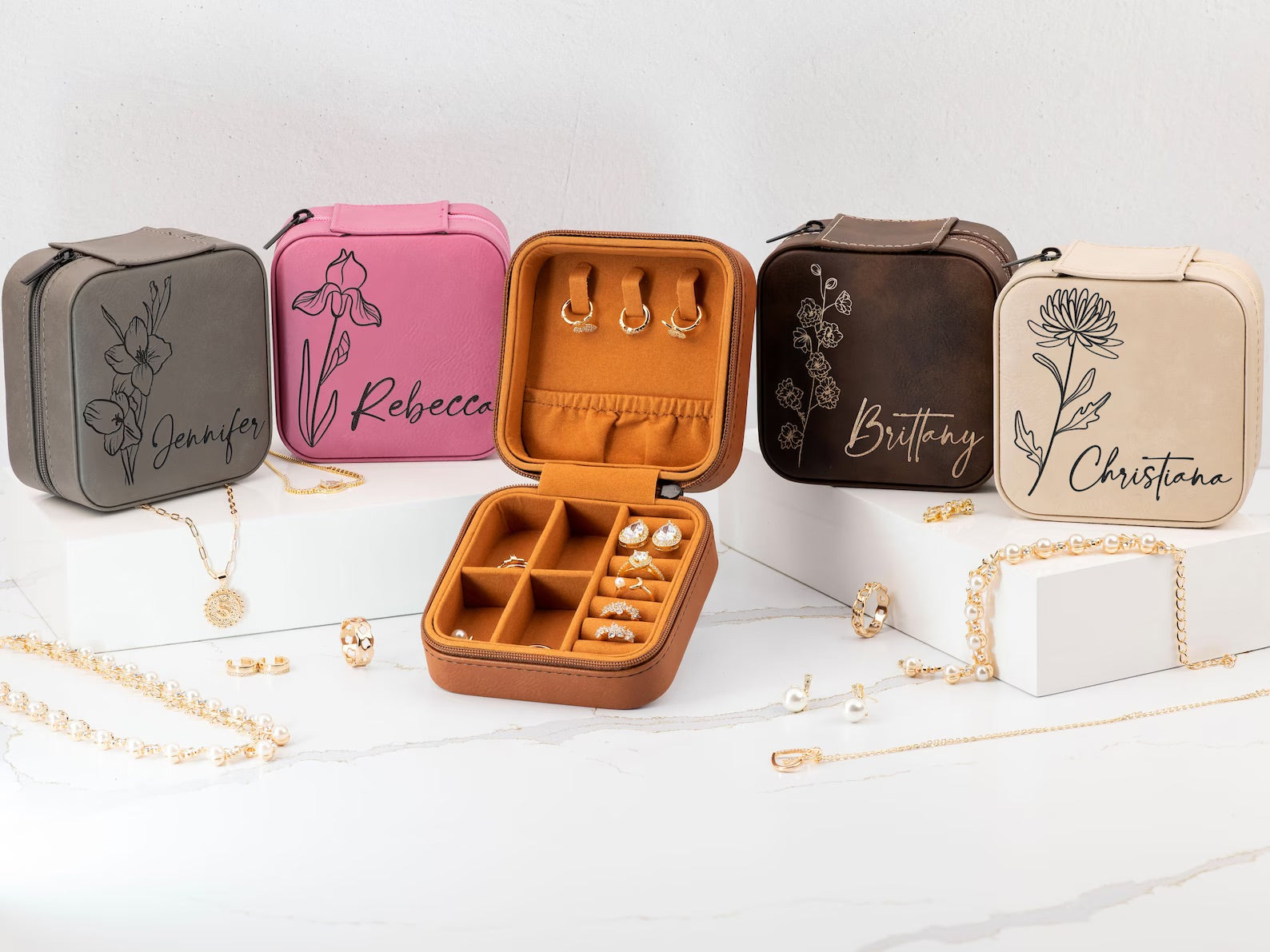 Personalized Travel Jewelry Box with Birth Flower Month