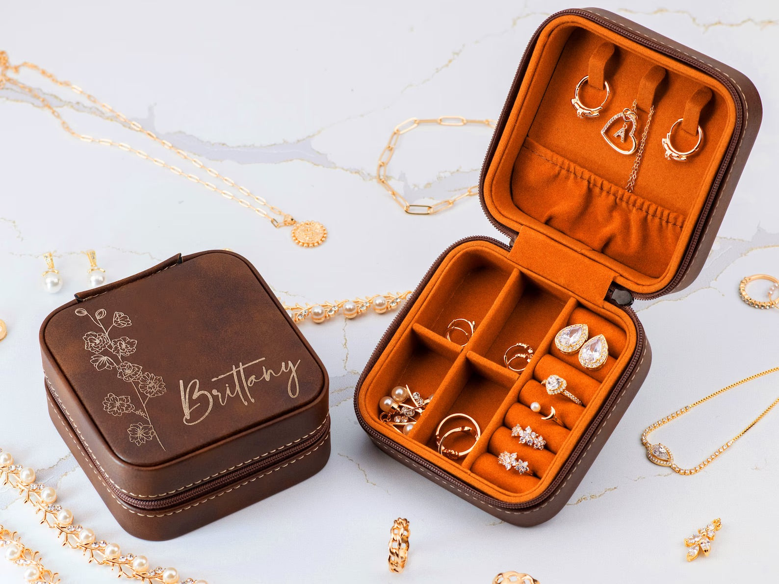 Personalized Travel Jewelry Box with Birth Flower Month